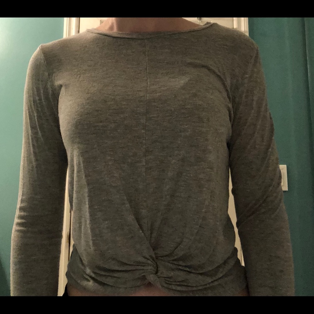 Gray long sleeve top with tie